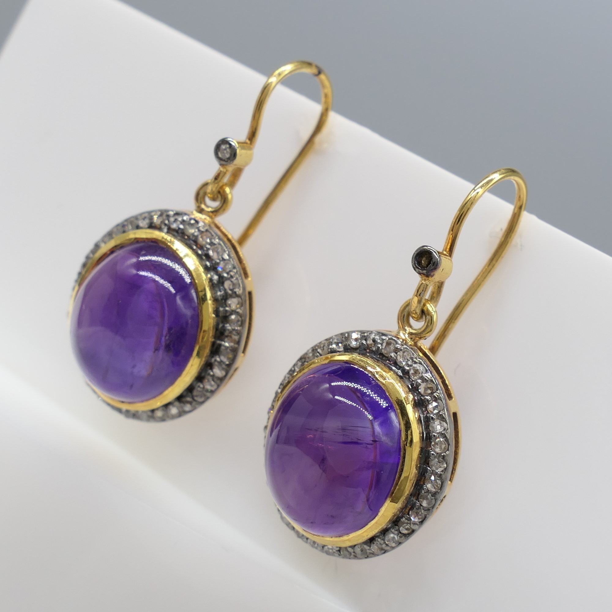 Pair of Cabochon Amethyst and Diamond Halo Drop Earrings - Image 4 of 7