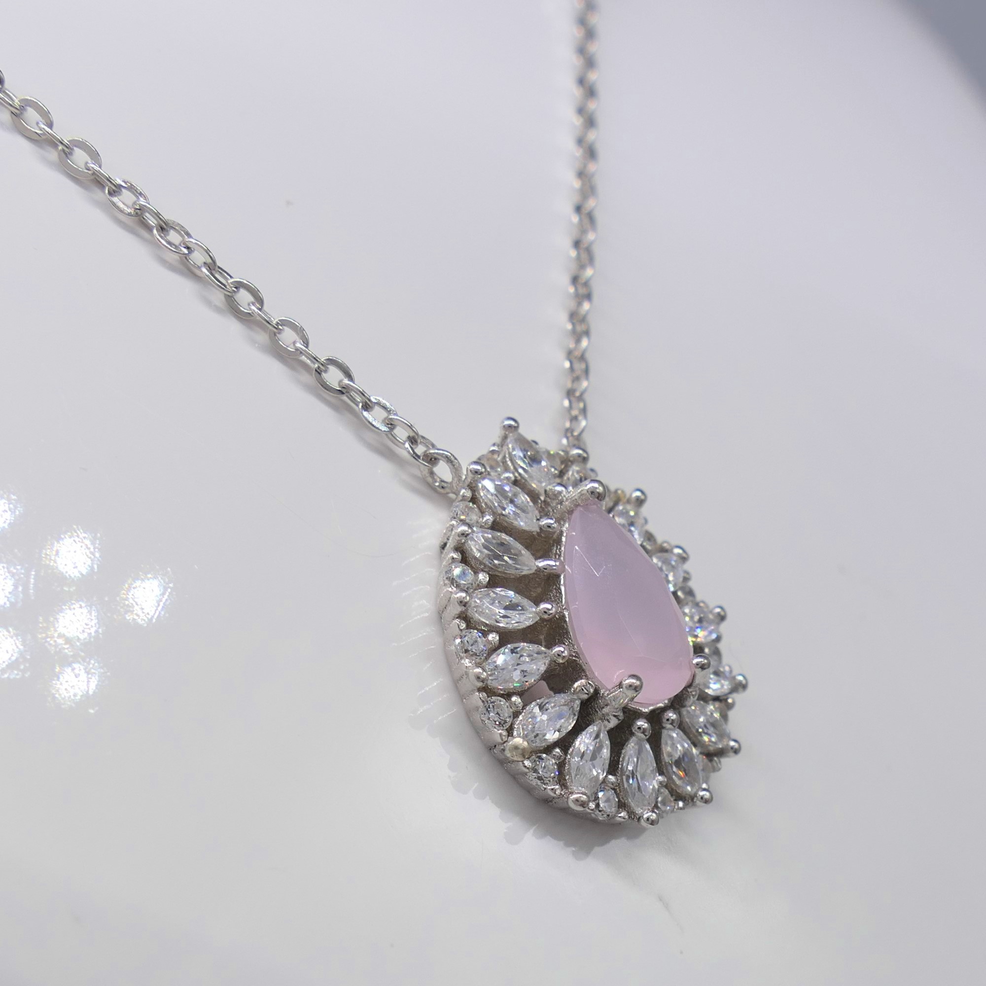 Silver Stylish Pink Rose-Coloured Gem and White Cubic Zirconia Necklace