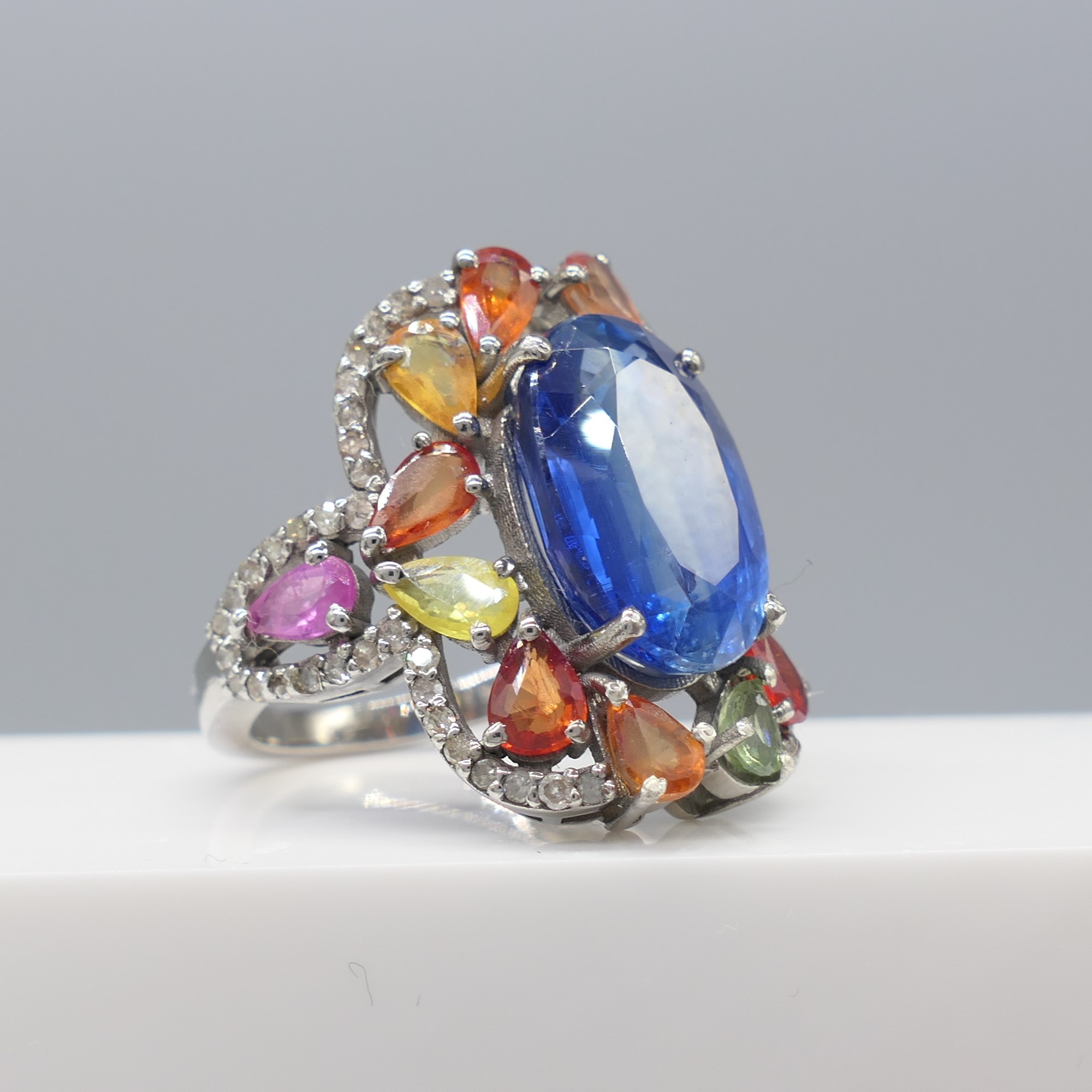 Large and Unusual Ring Featuring Kyanite; Multi-Coloured Sapphire and Diamonds, Boxed - Image 5 of 8