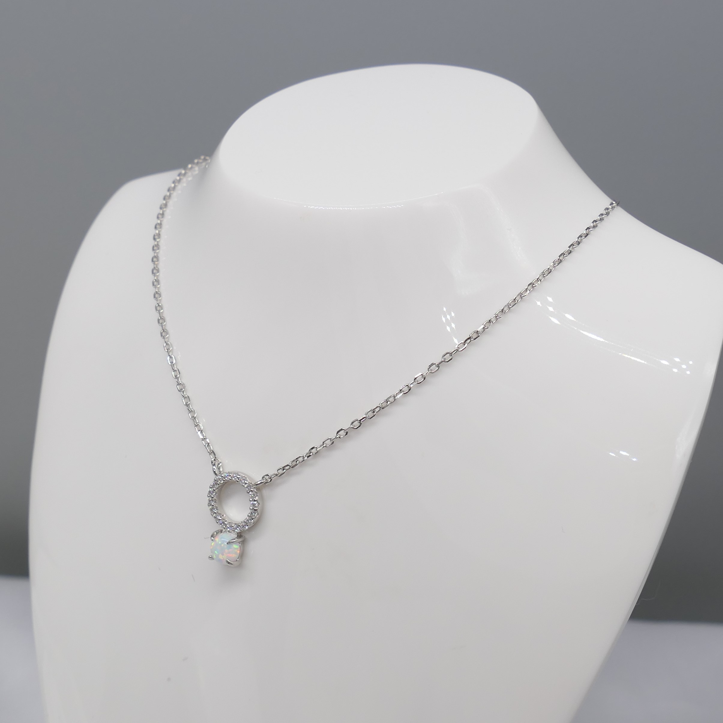 Cabochon Opalite Gemstone and White Cubic Zirconia Halo Silver Necklace - Image 6 of 6