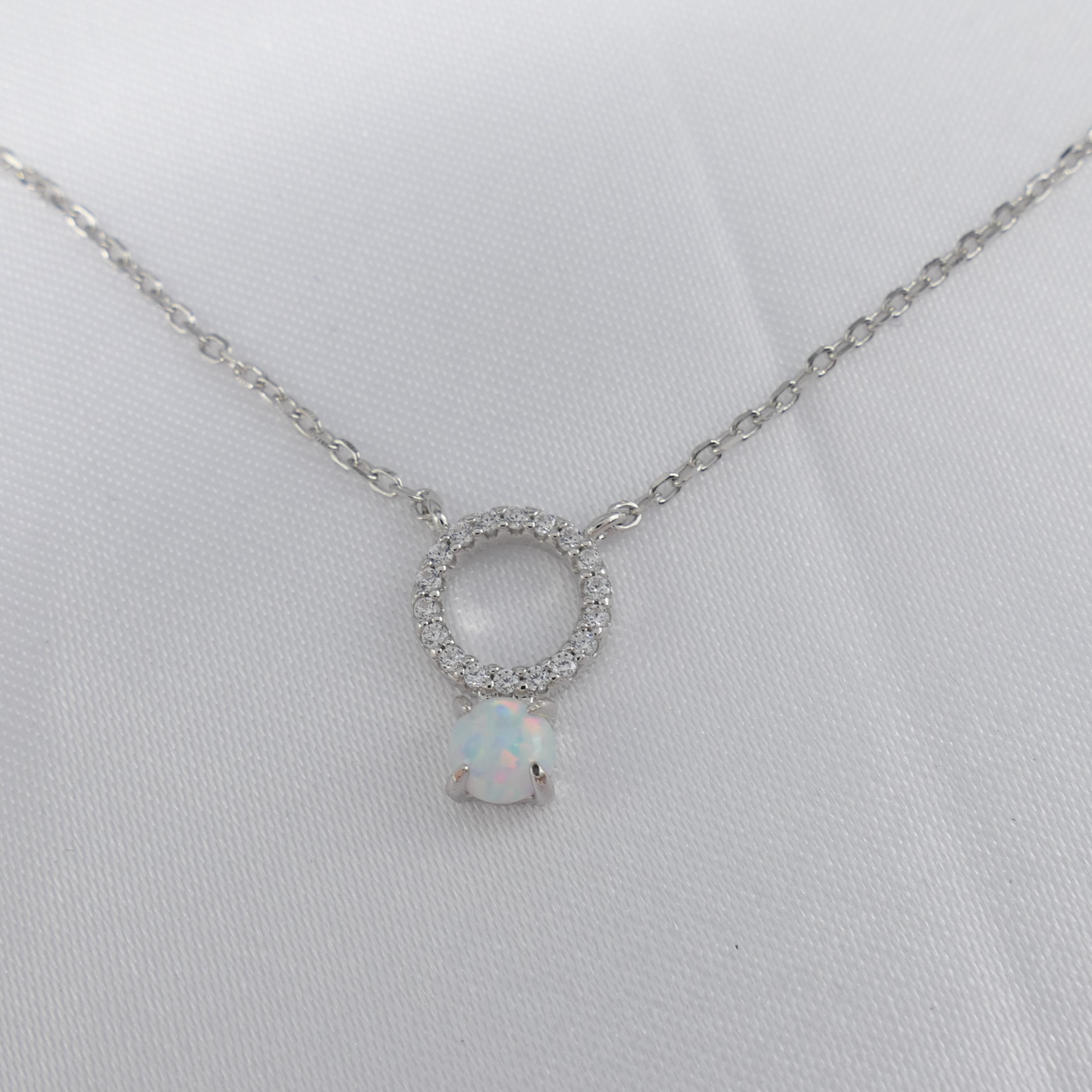 Cabochon Opalite Gemstone and White Cubic Zirconia Halo Silver Necklace - Image 5 of 6