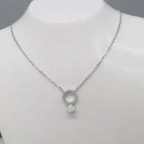 Cabochon Opalite Gemstone and White Cubic Zirconia Halo Silver Necklace