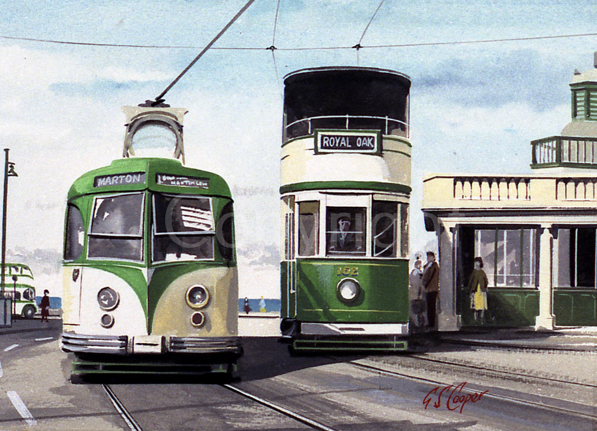 Blackpool 1950's Trolley Bus Scene Extra Large Metal Wall Art.