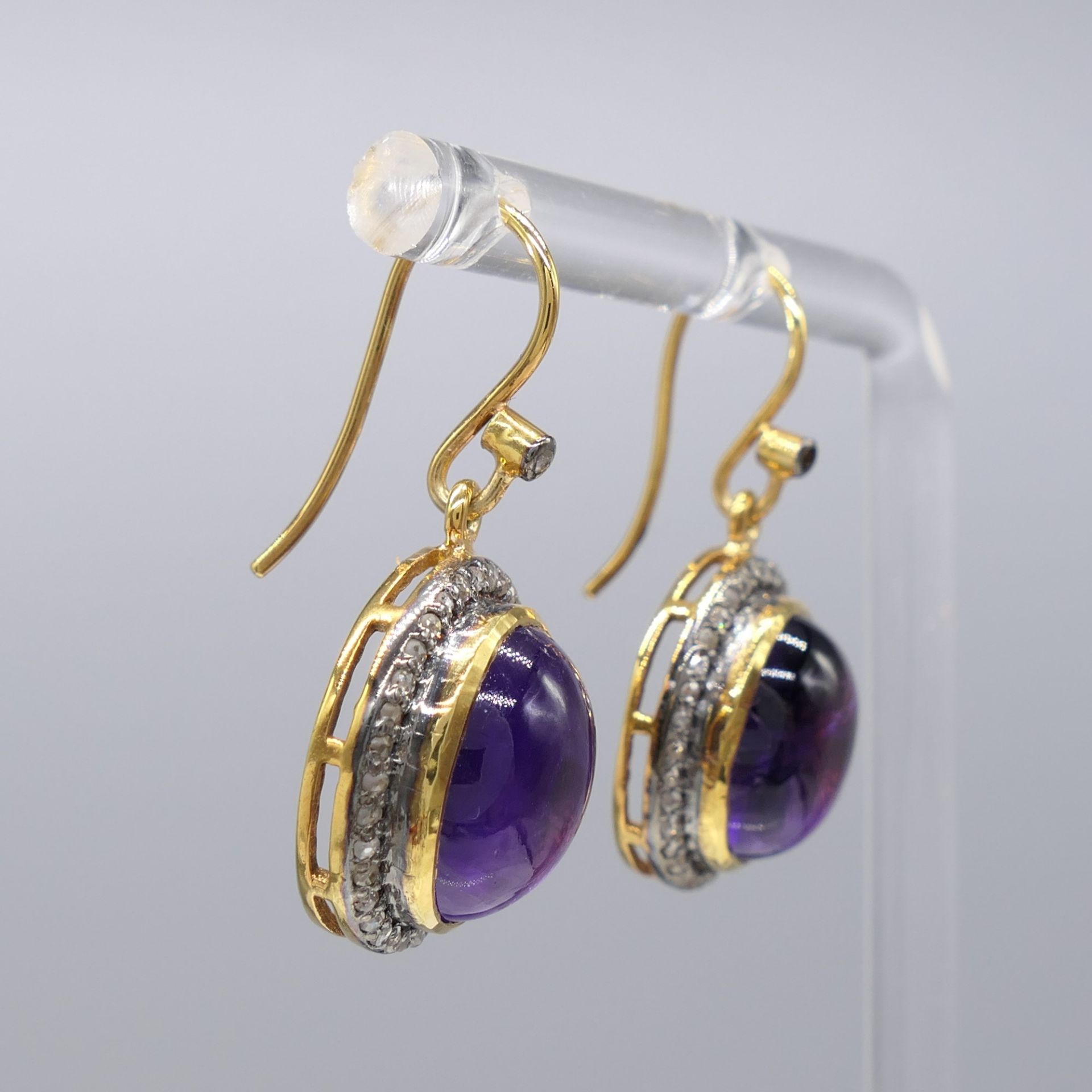 Pair of Cabochon Amethyst and Diamond Halo Drop Earrings - Image 3 of 7