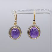 Pair of Cabochon Amethyst and Diamond Halo Drop Earrings