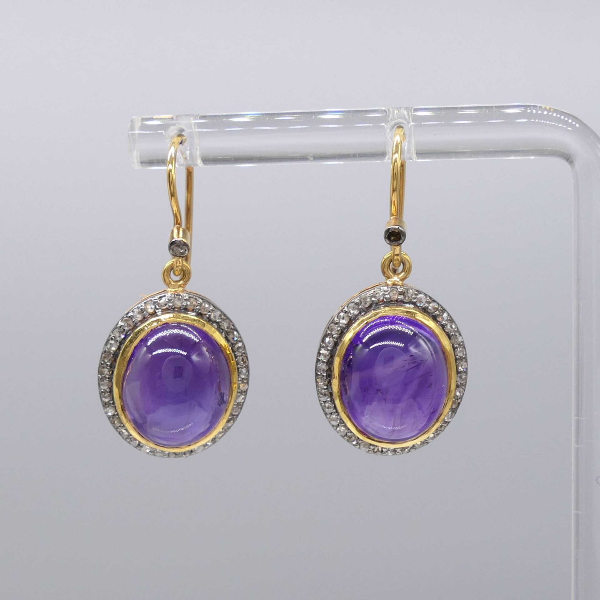 Pair of Cabochon Amethyst and Diamond Halo Drop Earrings