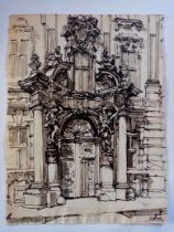Early 20th Century Architectural Ink and Wash Study. In The Style Herman Armour Webster