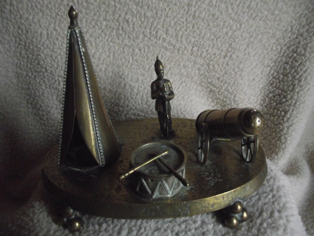 Victorian Brass Inkwell Desk Set - Military Theme - Lozenge Mark 13th January 1883