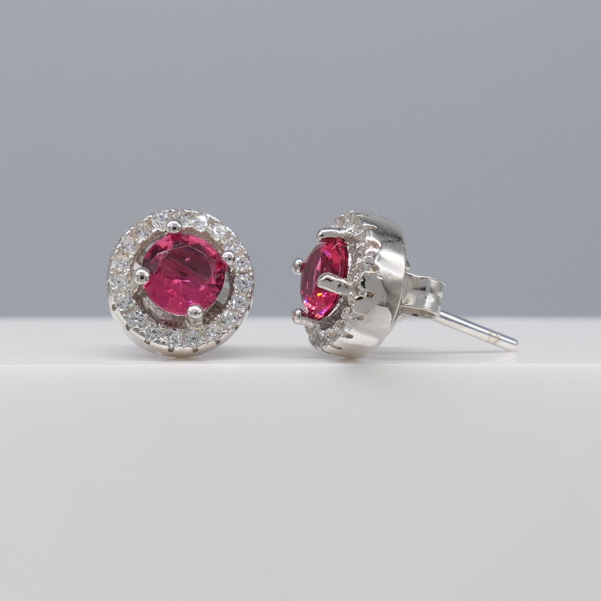 Silver Ear Studs Set With Red and White Cubic Zirconia Gems - Image 3 of 6