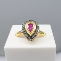 Hand-Made Silver Gilt Ring Set With Ruby and Diamonds