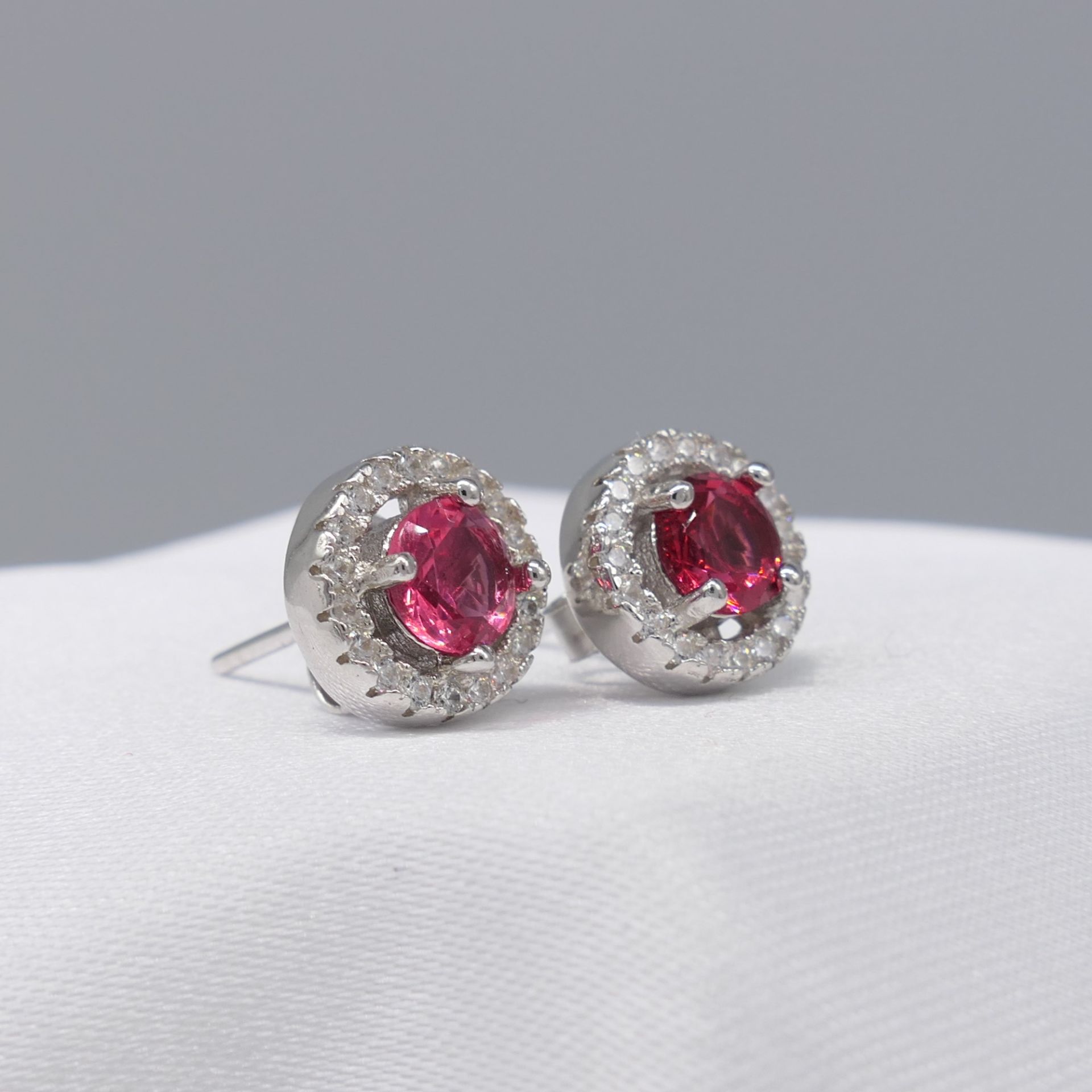 Silver Ear Studs Set With Red and White Cubic Zirconia Gems - Image 2 of 6