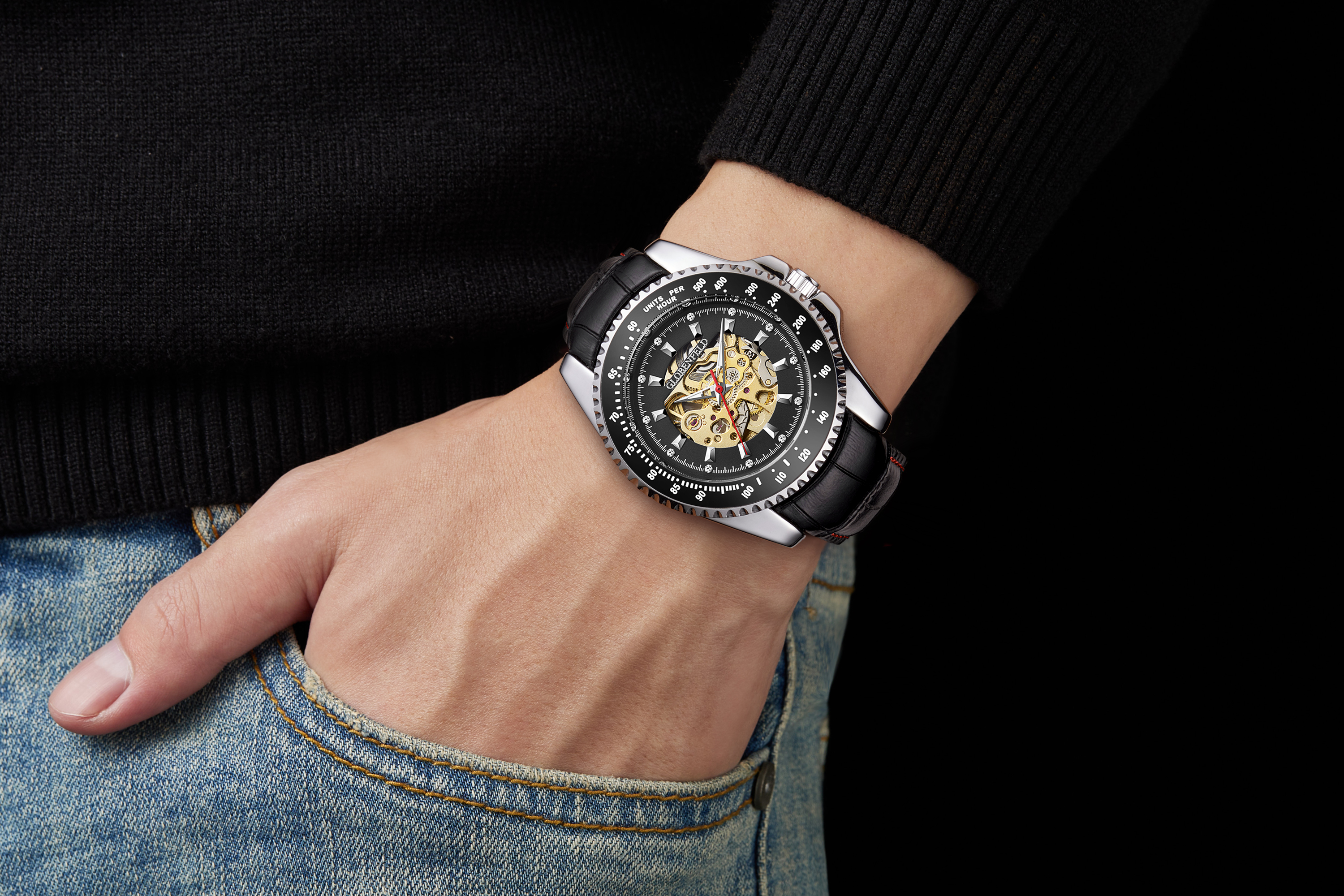 Hand Assembled Globenfeld Limited Edition Cage Black Watch - Free Delivery & 5 Year Warranty - Image 2 of 4