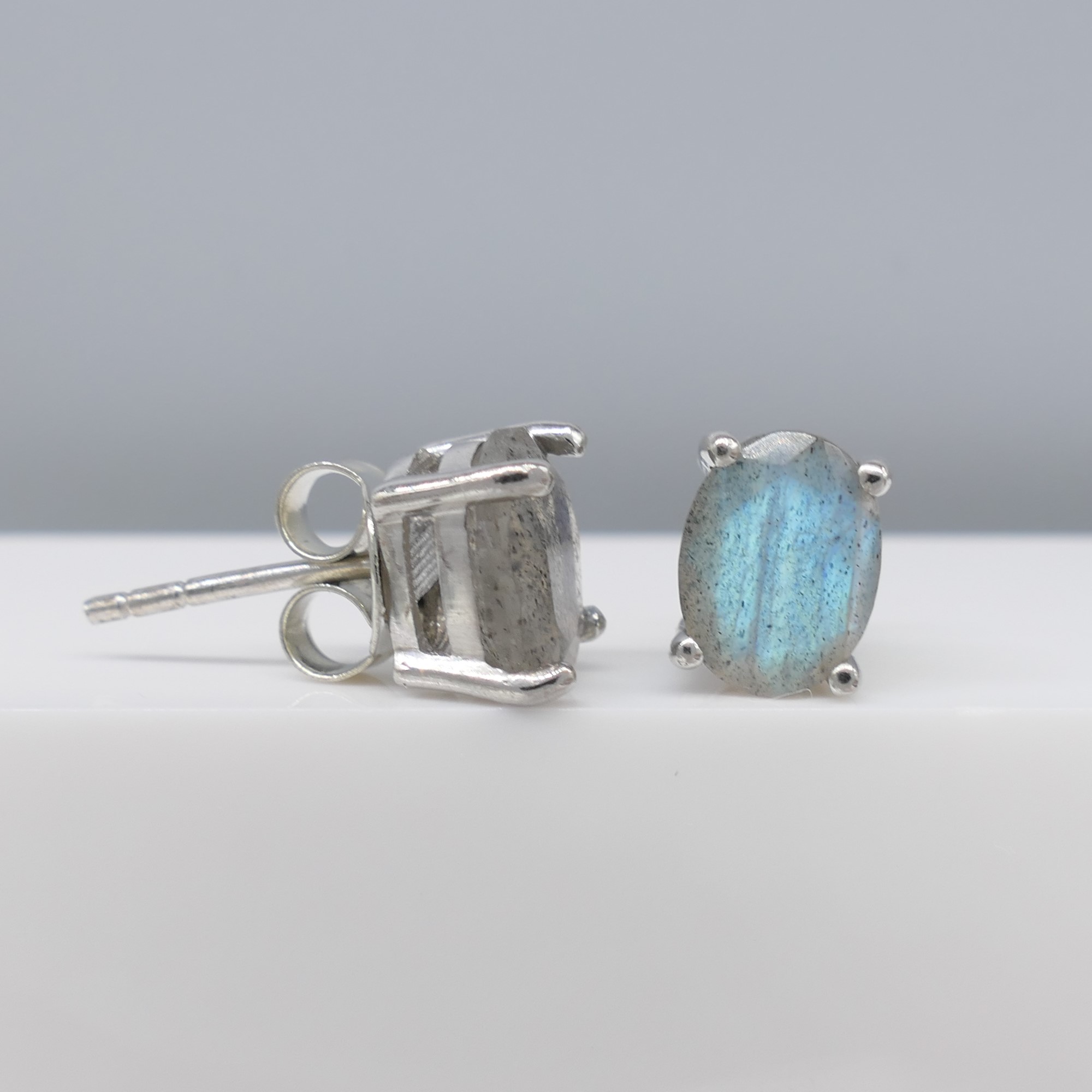 Labradorite Gemstone Ear Studs With Natural Blue Iridescence, In Silver - Image 2 of 6