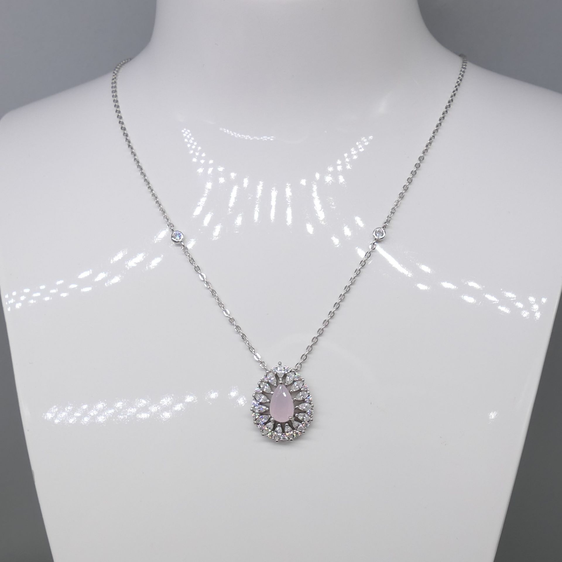 Silver Stylish Pink Rose-Coloured Gem and White Cubic Zirconia Necklace - Image 3 of 7