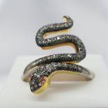 Unusual Hand Made Diamond and Ruby Snake Ring