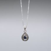 Hand-Made Silver Necklace Featuring A Pear-Shaped Sapphire and Diamonds
