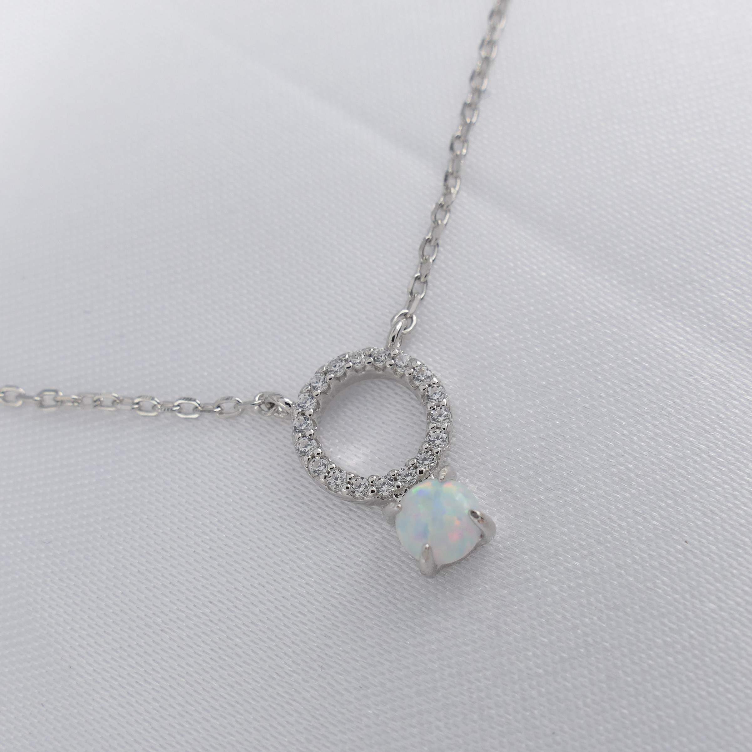 Cabochon Opalite Gemstone and White Cubic Zirconia Halo Silver Necklace - Image 2 of 6