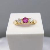 Vintage 18 Carat Ruby and Diamond 3 Stone Yellow Gold Ring