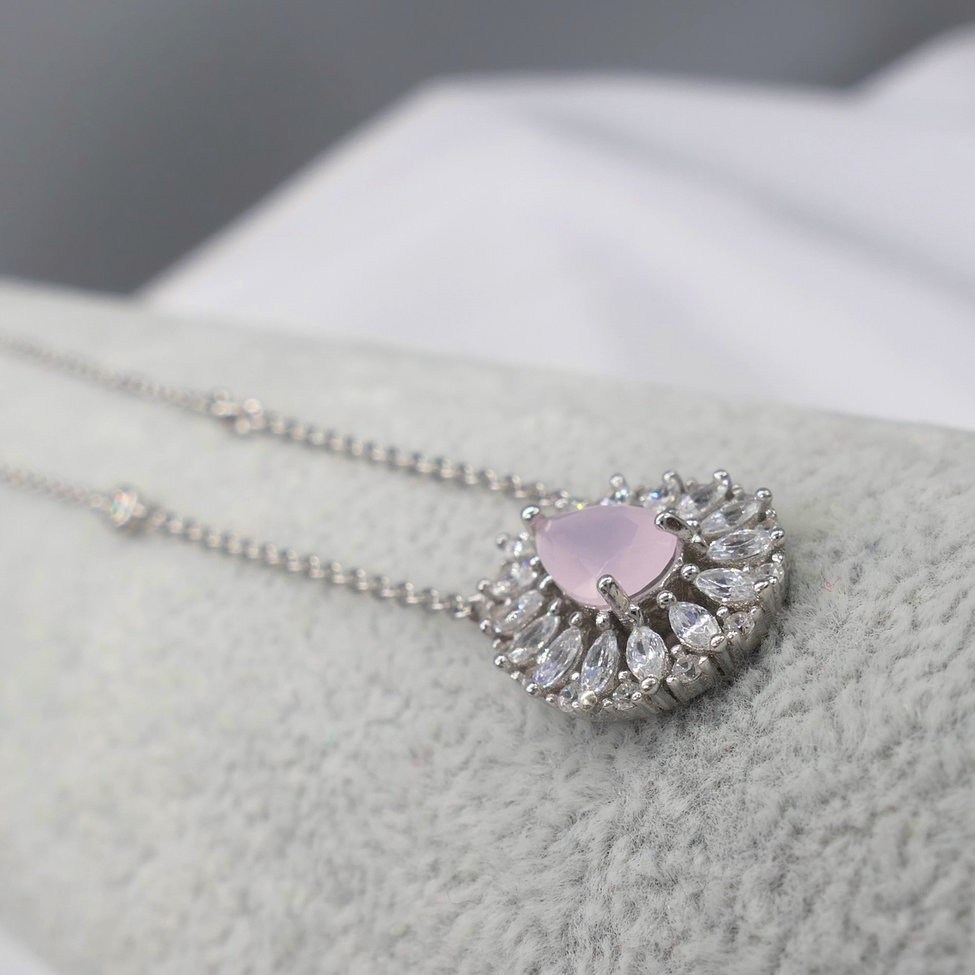 Silver Stylish Pink Rose-Coloured Gem and White Cubic Zirconia Necklace - Image 6 of 7