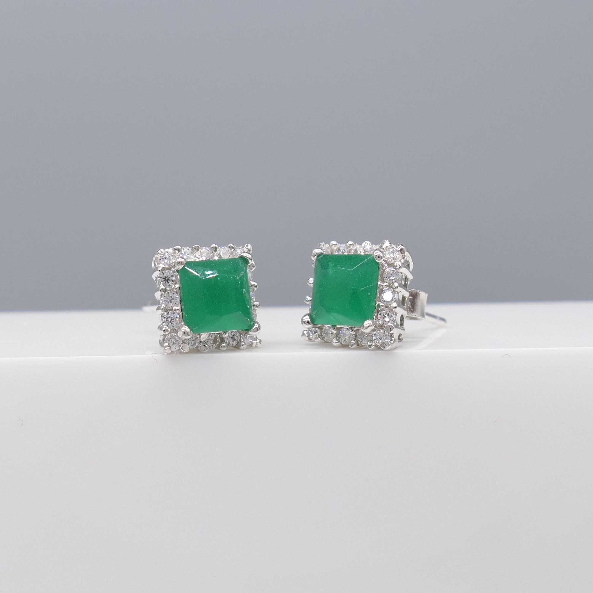 Pair of Silver Square-Set Green and White Cubic Zirconia Ear Studs