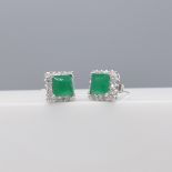 Pair of Silver Square-Set Green and White Cubic Zirconia Ear Studs