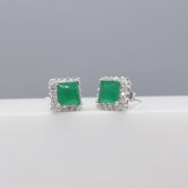 Pair of Silver Square-Set Green and White Cubic Zirconia Ear Studs