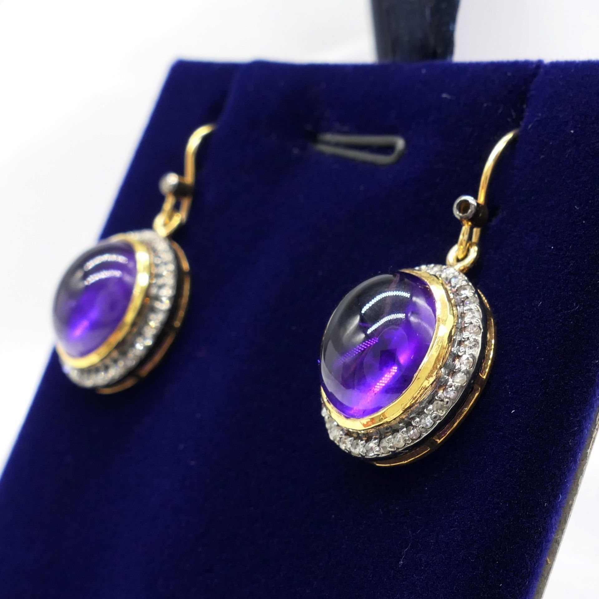 Pair of Cabochon Amethyst and Diamond Halo Drop Earrings - Image 7 of 7