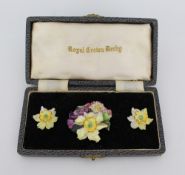 Vintage Royal Crown Derby Cased Floral Brooch & Earring Set