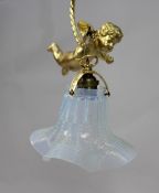 Fine French Gilt Cherub Light Fitting With Vaseline Glass Shade