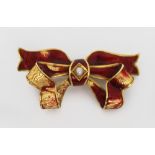 18ct Gold Enamel Pearl Bow Form Brooch