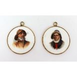Pair of Antique Hand Painted Porcelain Plaques in 9ct Gold Surrounds