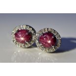 Beautiful Natural Star Ruby Earrings 3.21CT With Natural Diamonds & 18k Gold
