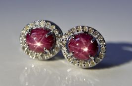 Beautiful Natural Star Ruby Earrings 3.21CT With Natural Diamonds & 18k Gold