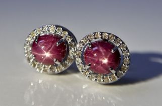 Beautiful Natural Star Ruby Earrings 3.21CT With Natural Diamonds & 18k Gold