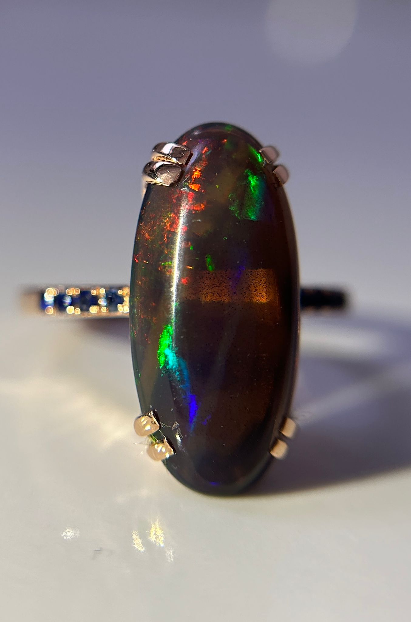 Beautiful Natural Black Opal Ring With Natural Blue Sapphire and 18k Gold