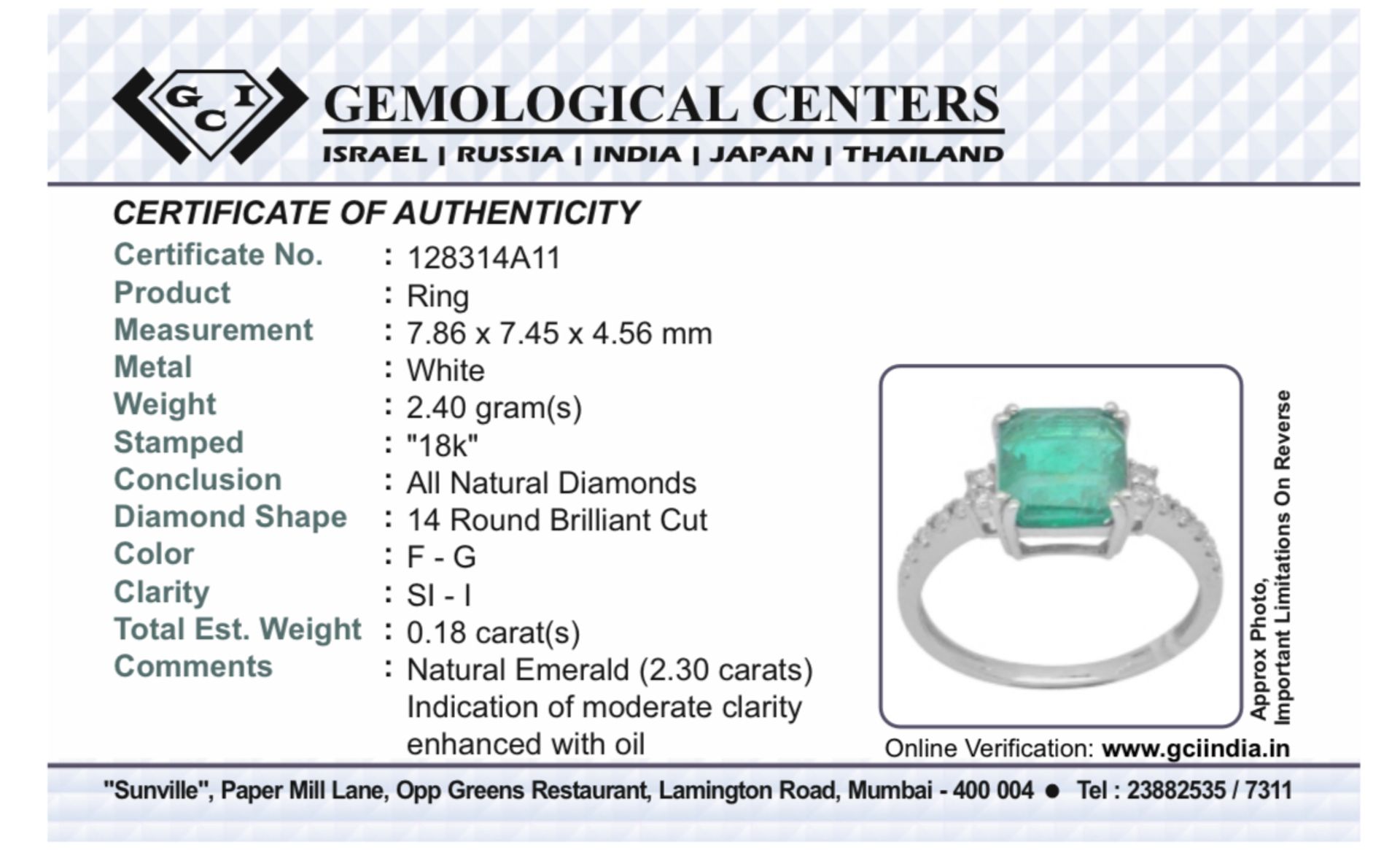 Beautiful Natural Emerald 2.30 CT With Natural Diamonds & 18k Gold - Image 10 of 10