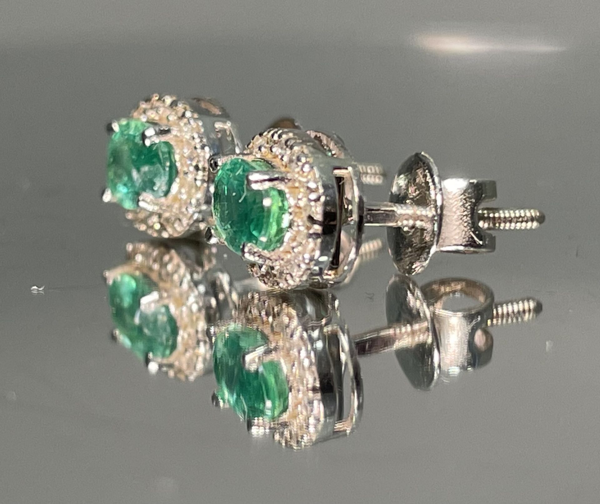 Beautiful Natural Emerald Halo Set Stud Earrings 18k White Gold - Image 3 of 7
