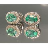 Beautiful Natural Emerald Halo Set Stud Earrings 18k White Gold