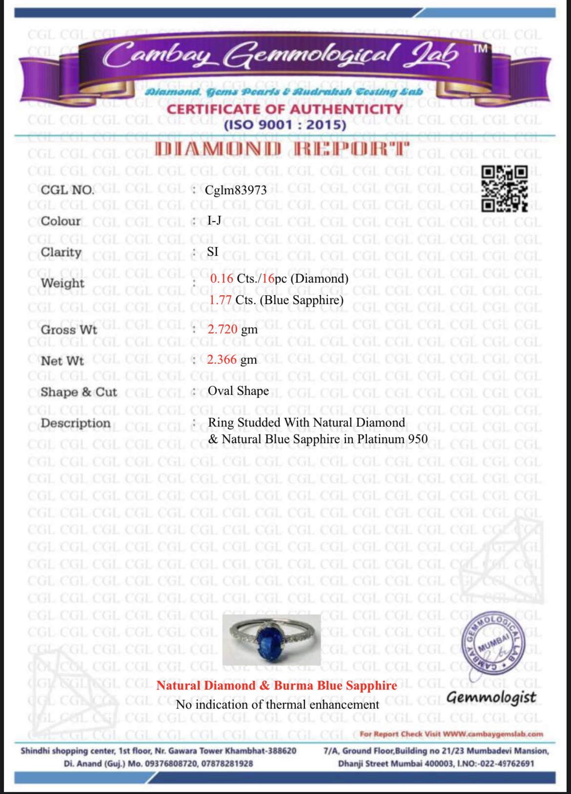 Beautiful 1.77CT Unheated Burma Blue Sapphire Diamonds & Platinum - Image 6 of 6