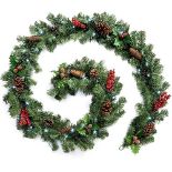 WeRChristmas Pre-Lit Natural Pine Cone and Berry Decorated Garland With 40 Cool White LED Lights,...