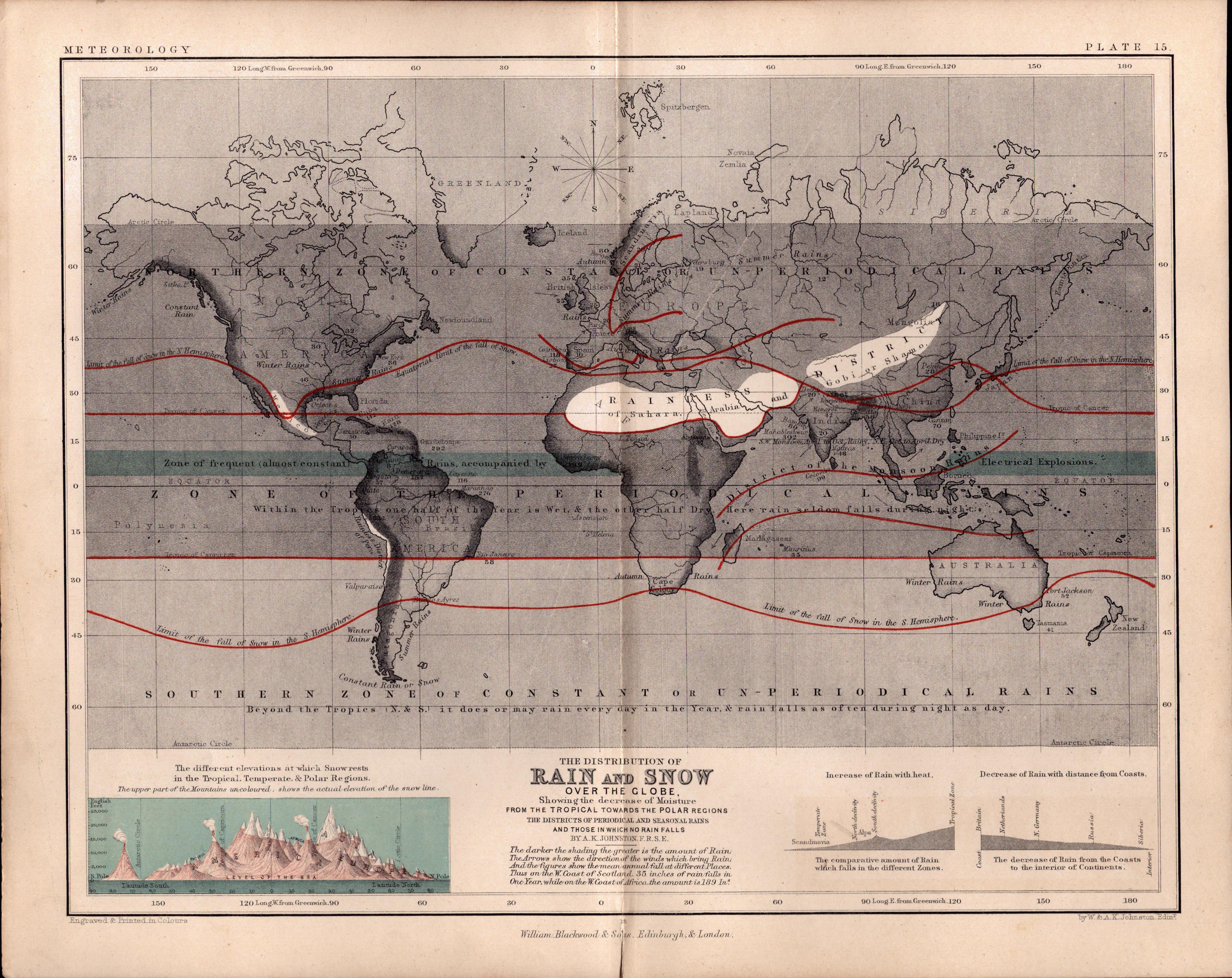 Rain & Snow Over The Globe 1871 WK Johnston Antique Chart.