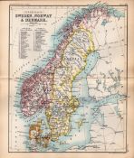 Sweden Norway Denmark Area Double Sided Antique 1896 Map.