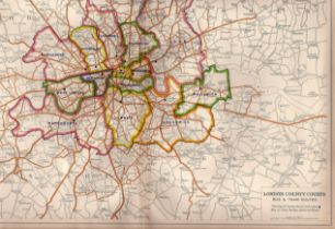 Bacons Vintage London County Courts Bus & Tram Routes Coloured Map.