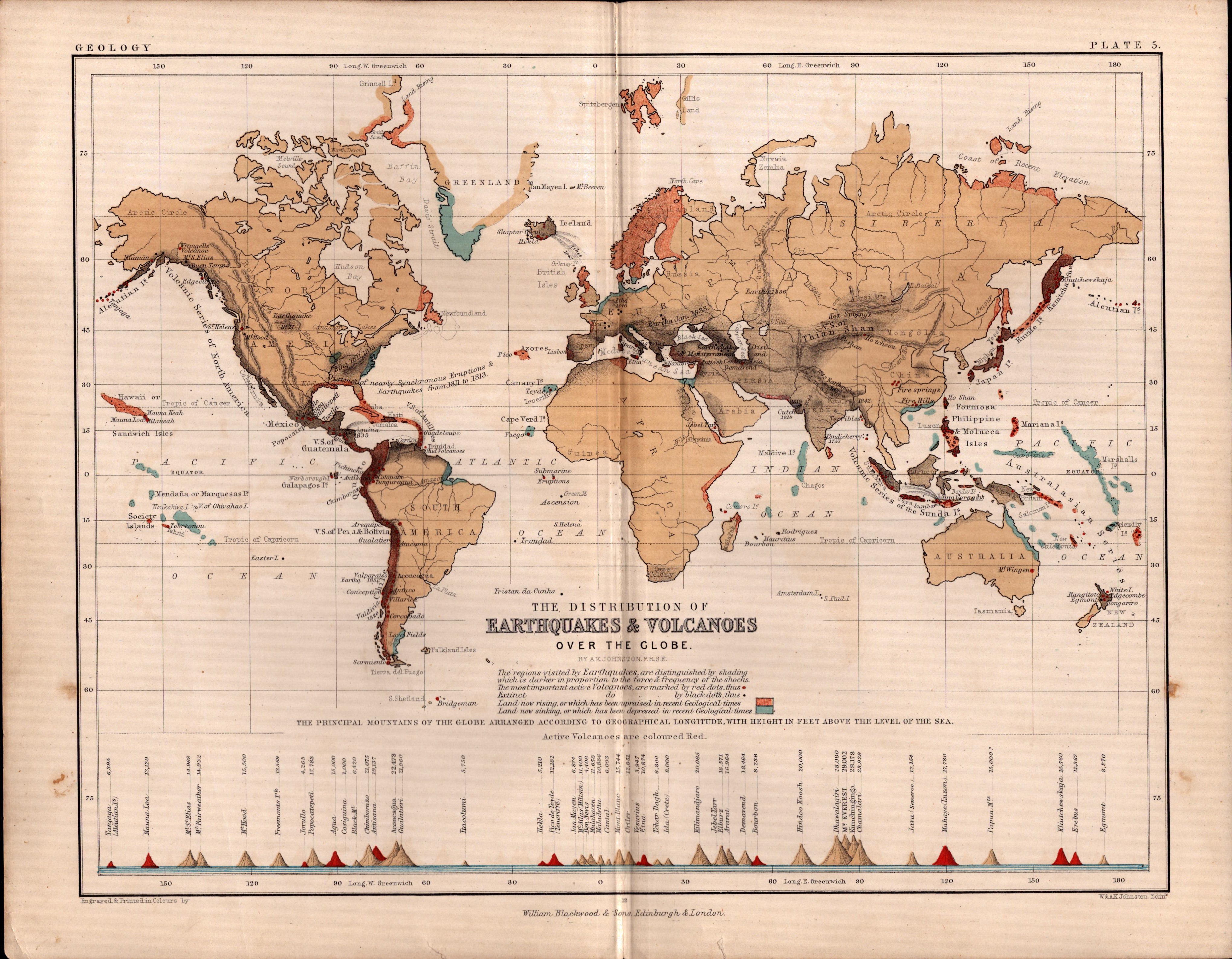 Worlds Earthquakes & Volcanoes 1871 WK Johnston Antique Map.
