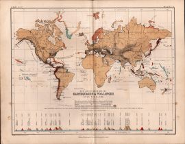 Worlds Earthquakes & Volcanoes 1871 WK Johnston Antique Map.