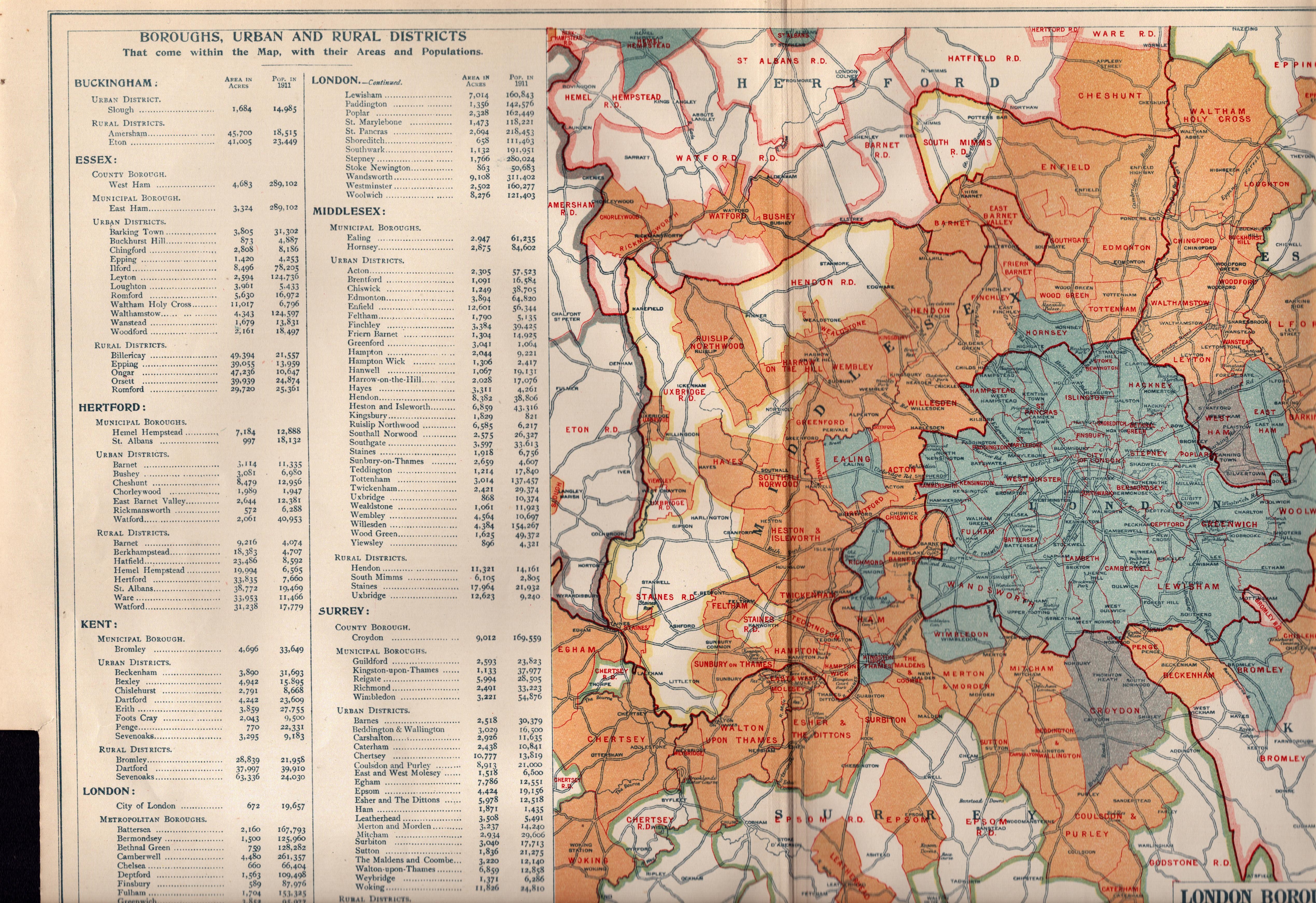Bacons Vintage London Suburbs Urban & Rural Districts Detailed Map.