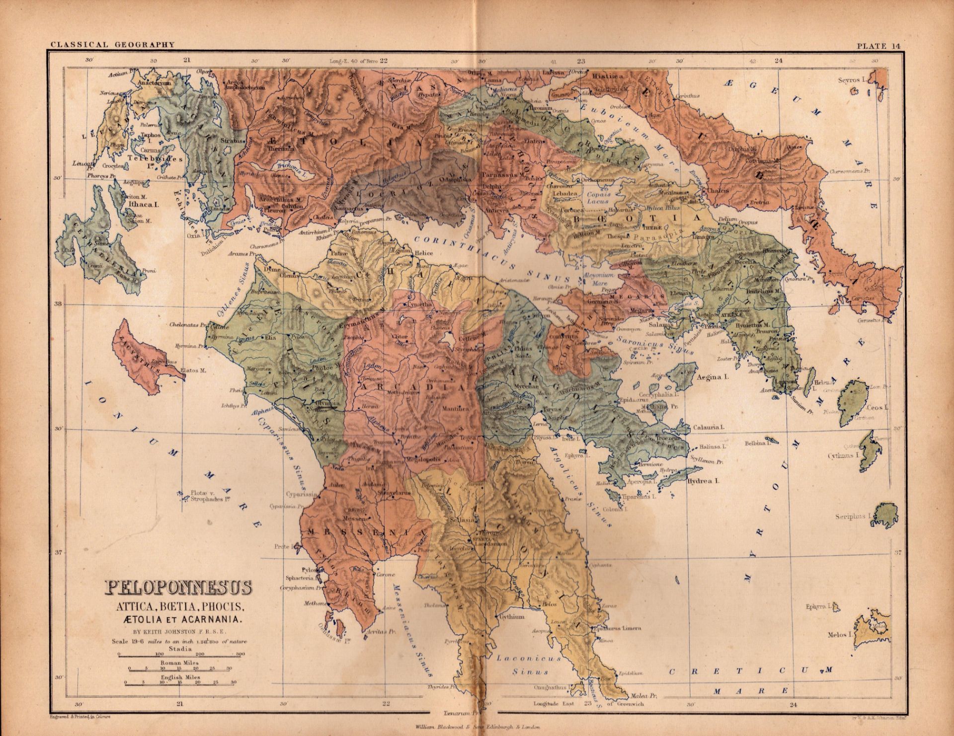 Antique 1867 Classical Map Peloponnesus, Attica, Boetia, Phocis.