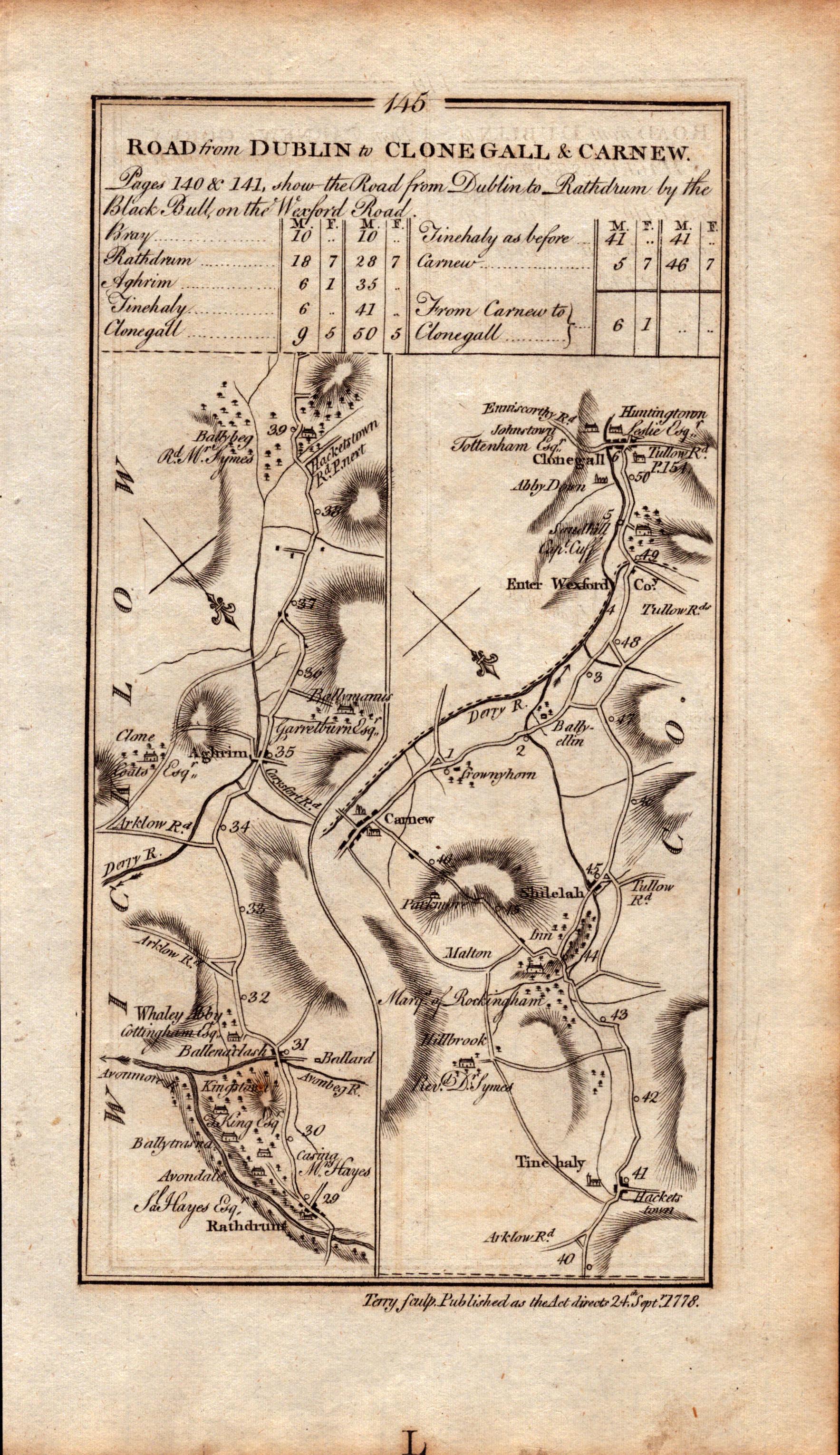 Ireland Rare Antique 1777 Road Map Cloegall, Carnew, Gorey, Wicklow. - Bild 2 aus 4