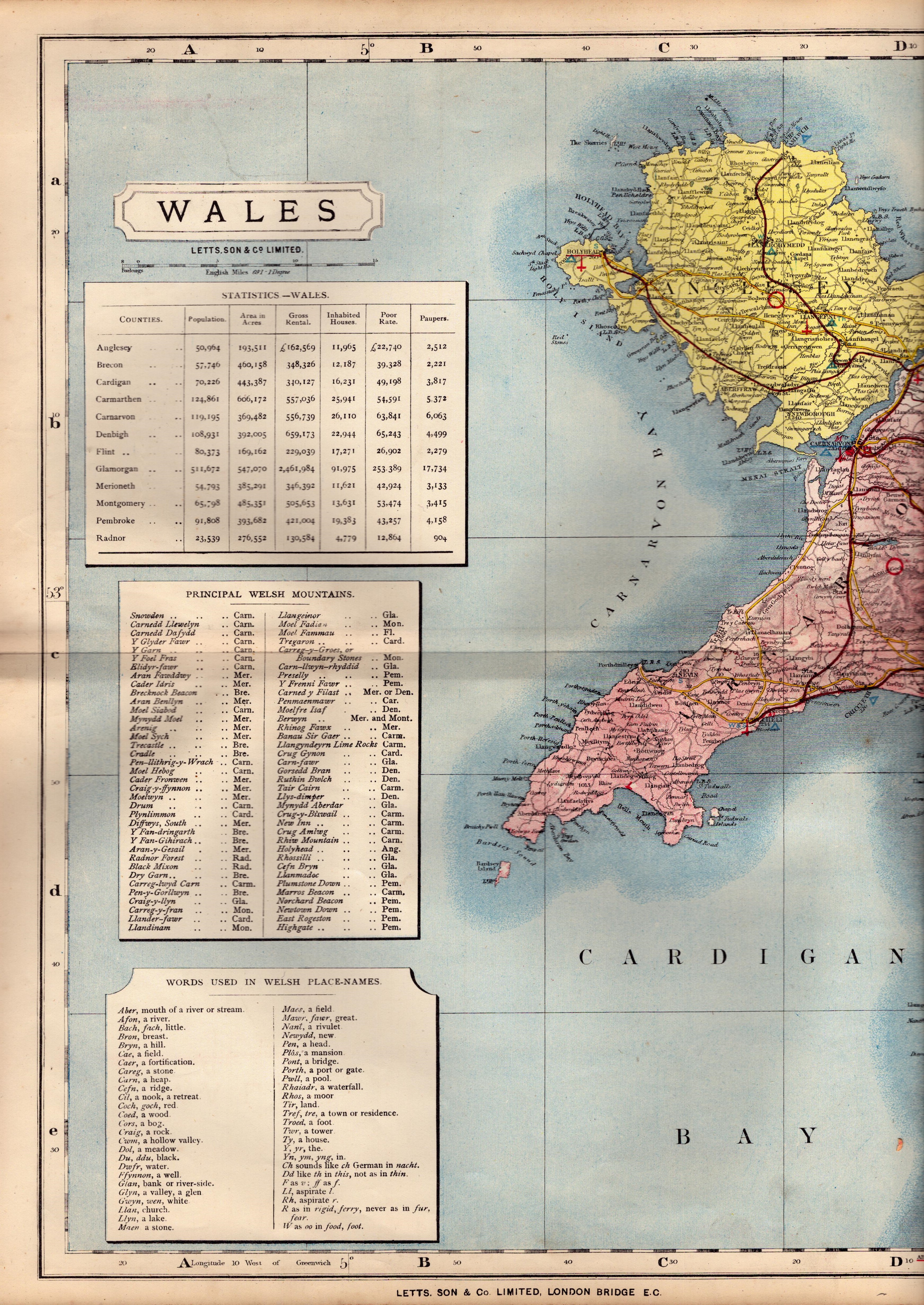 North Wales Large Victorian Letts 1884 Antique Coloured Map.