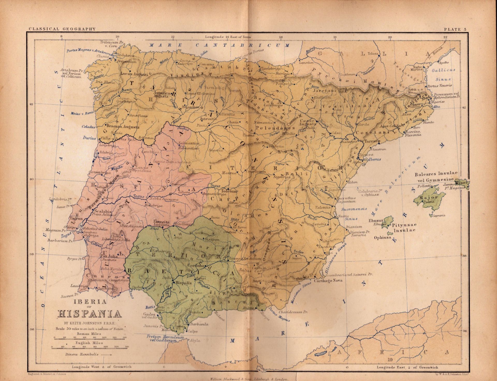 Antique 1867 Coloured Classical Geography Map Iberia Or Hispania.